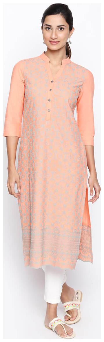 

NAARI 3 4 Sleeve Coral Cotton Slub Embroidered Kurti For Women s