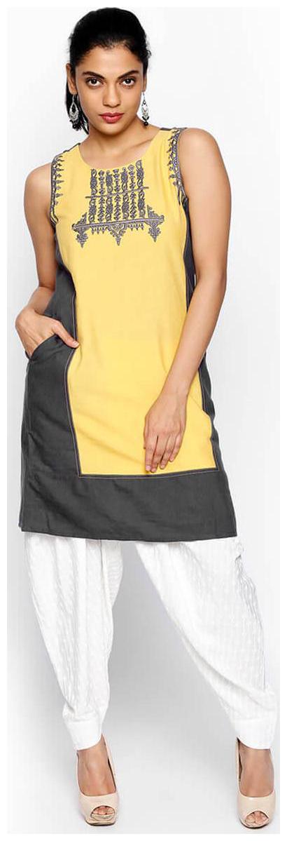 

NAARI 3 4 Sleeve Yellow Linolio Embroidered Kurti For Women s