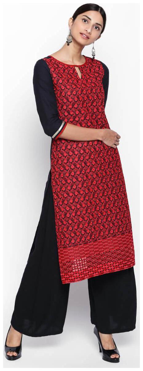 

NAARI 3 4 Sleeve Black Cambric Embroidered Kurti For Women s
