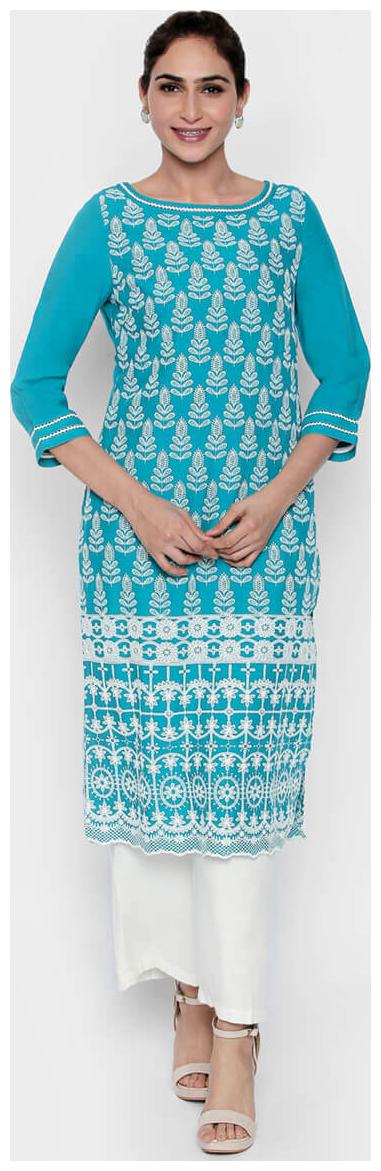 

NAARI 3 4 Sleeve Blue Rayon Embroidered Kurti For Women s
