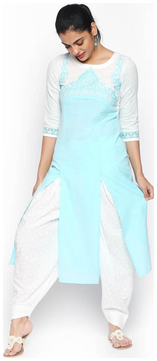 

NAARI 3 4 Sleeve Blue Cotton Slub Embroidered Kurti For Women s