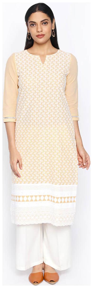 

NAARI 3 4 Sleeve Beige Cambric Embroidered Kurti For Women s