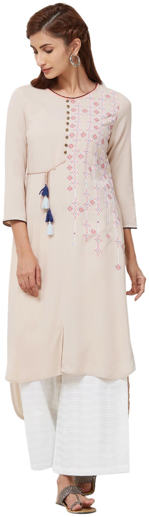 

NAARI Beige 3 4th Sleeve Rayon Fabric Embroidery Kurti For Women