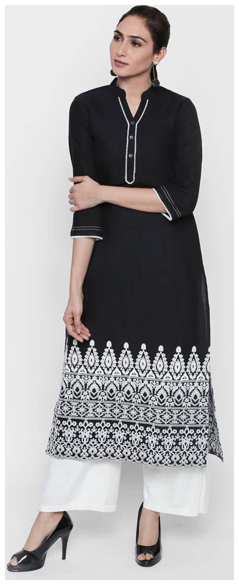 

NAARI Black 3 4 Sleeve Cotton Slub Fabric Embroidered Kurti For Women s