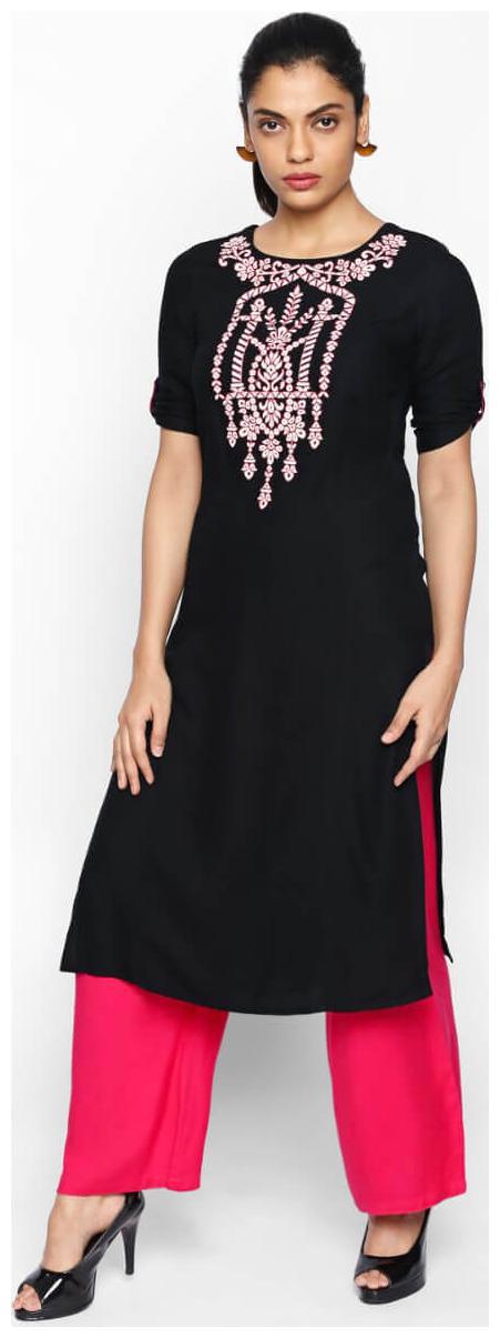 

NAARI Black 3 4 Sleeve Rayon Moss Fabric Embroidered Kurti For Women s