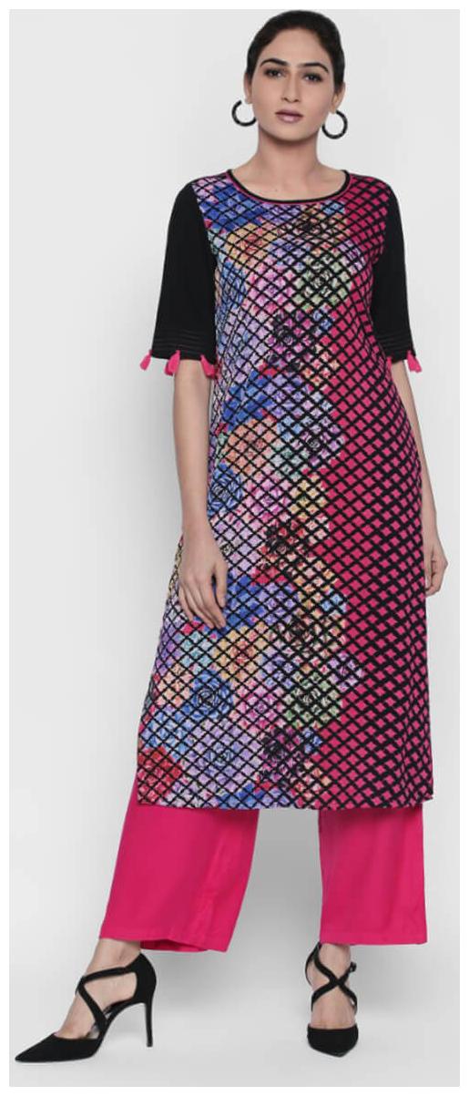 

NAARI Black 3 4 Sleeve Rayon Fabric Embroidered Kurti For Women s