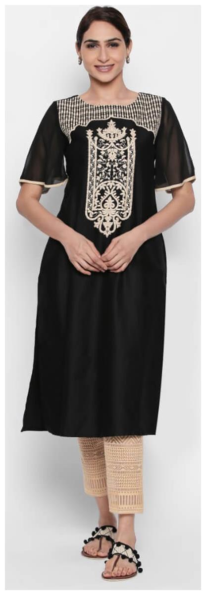 

NAARI Black 3 4 Sleeve Cotton Tiscali Fabric Embroidered Kurti For Women s