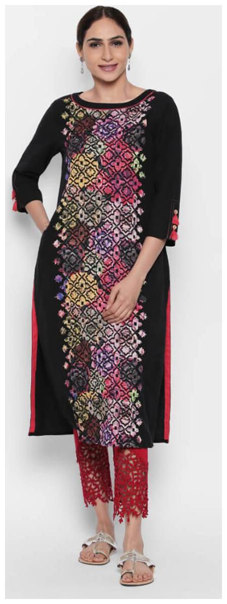 

NAARI Black 3 4 Sleeve Linolio Fabric Printed Kurti For Women s