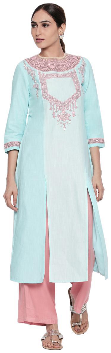 

NAARI Blue 3 4 Sleeve Cotton Slub Fabric Embroidered Kurti For Women s