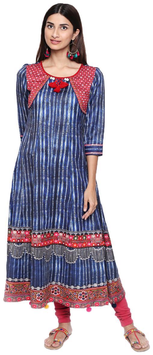 

NAARI Blue 3 4 Sleeve Dull Satin Fabric Printed Kurti For Women s