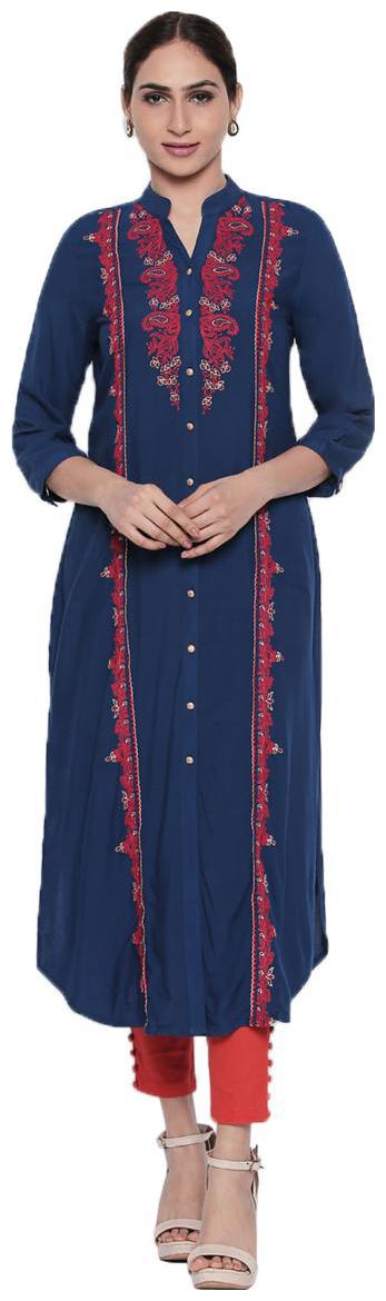 

NAARI Blue 3 4 Sleeve Rayon Fabric Embroidered Kurti For Women s