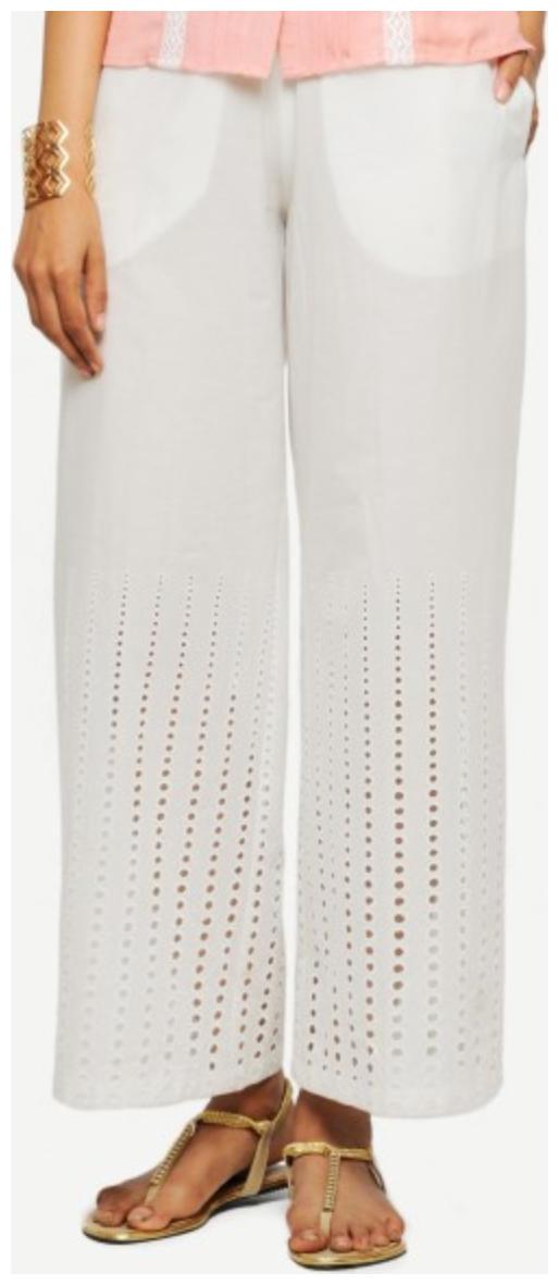 

NAARI Cambric Off White Cambric Fabric Loose Fit Embroidered Palazzos For Women