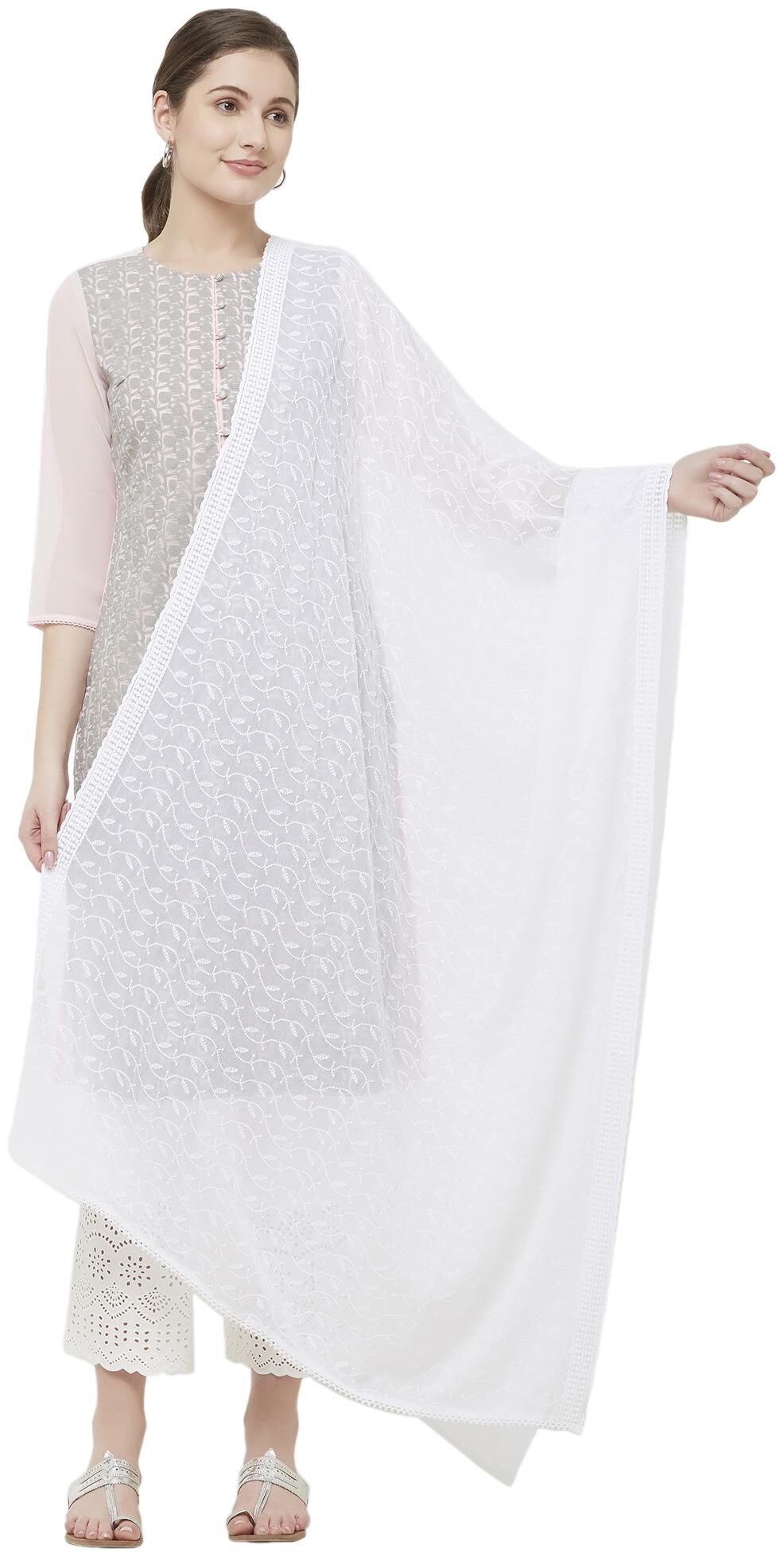 

NAARI Chiffon Embroidered Casual Dupatta-White
