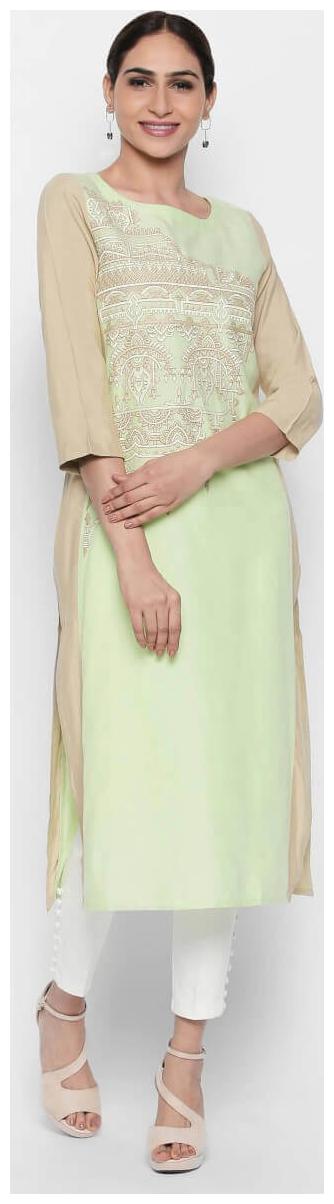 

NAARI Green 3 4 Sleeve Linolio Fabric Embroidered Kurti For Women s