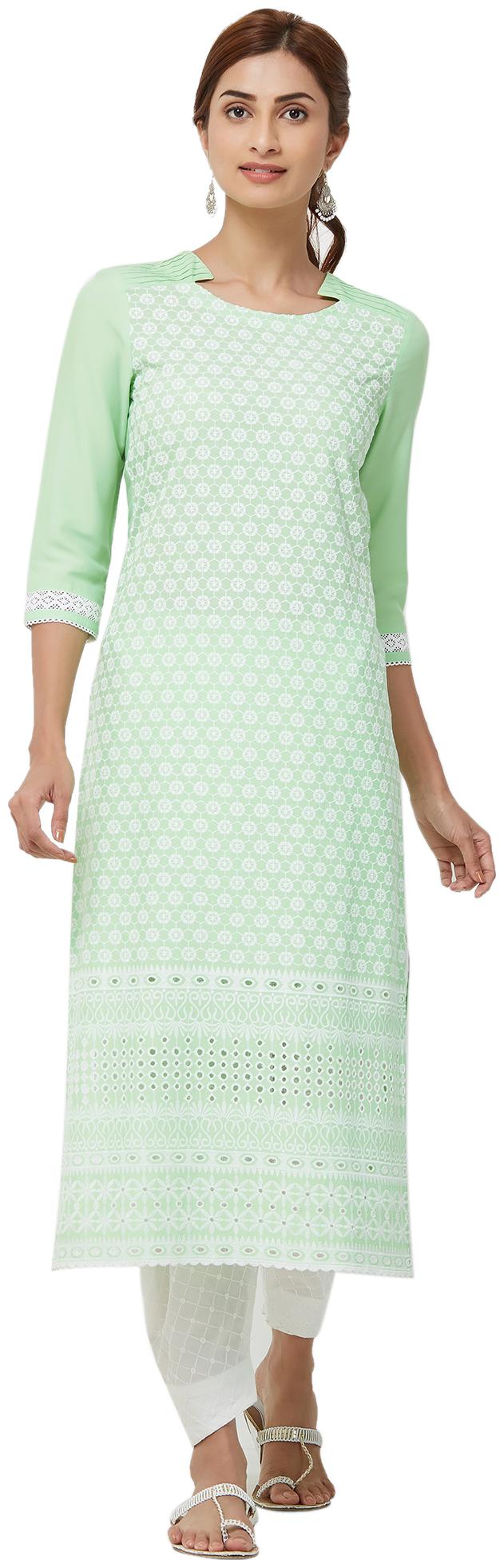 

NAARI Green 3 4th Sleeve Rayon Fabric Solid Kurti For Women