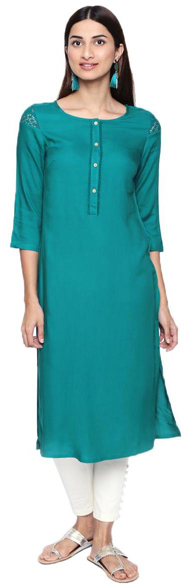 

NAARI Green 3 4 Sleeve Rayon Fabric Embroidered Kurti For Women s