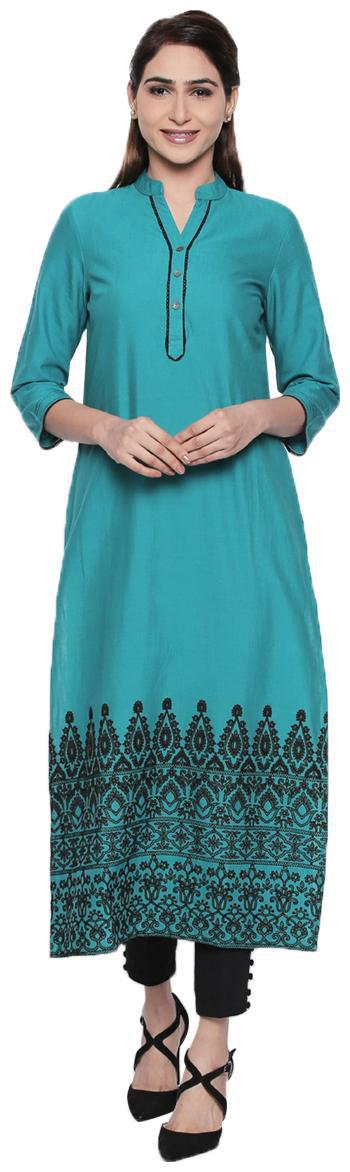 

NAARI Green 3 4 Sleeve Cotton Slub Fabric Embroidered Kurti For Women s