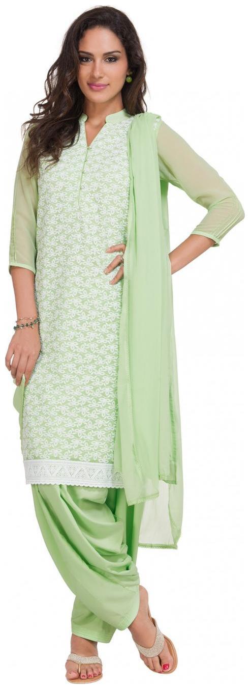 

NAARI Green Georgette Embroidered Cap Sleeve Kurta and Churidar Unstitched Set For Women s