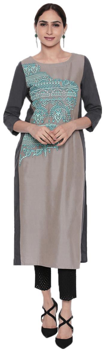 

NAARI Grey 3 4 Sleeve Linolio Fabric Embroidered Kurti For Women s