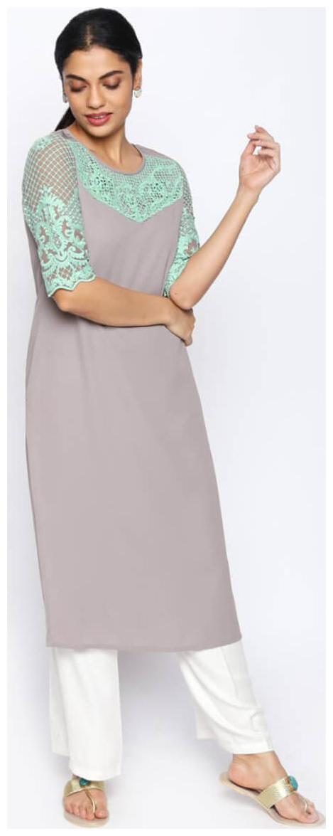 

NAARI Grey 3 4 Sleeve Rayon Moss Fabric Embroidered Kurti For Women s