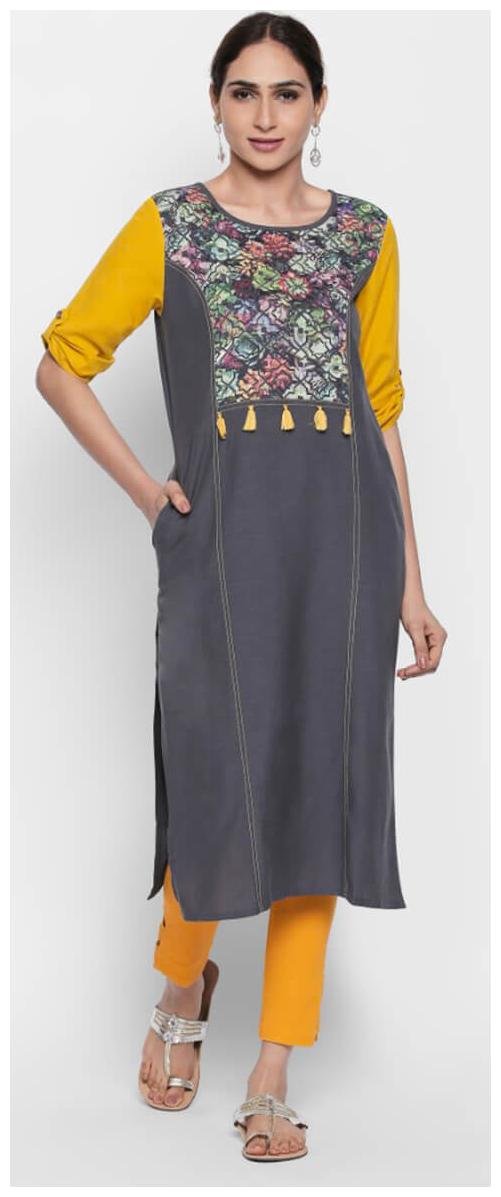 

NAARI Grey 3 4 Sleeve Linolio Fabric Embroidered Kurti For Women s
