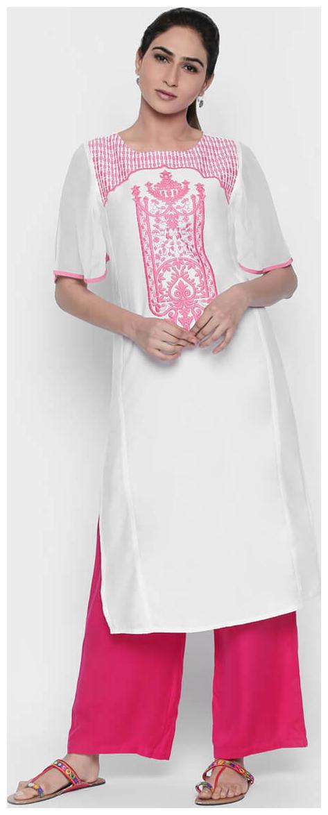 

NAARI Half Sleeve White Cotton Tiscali Embroidered Kurti For Women s