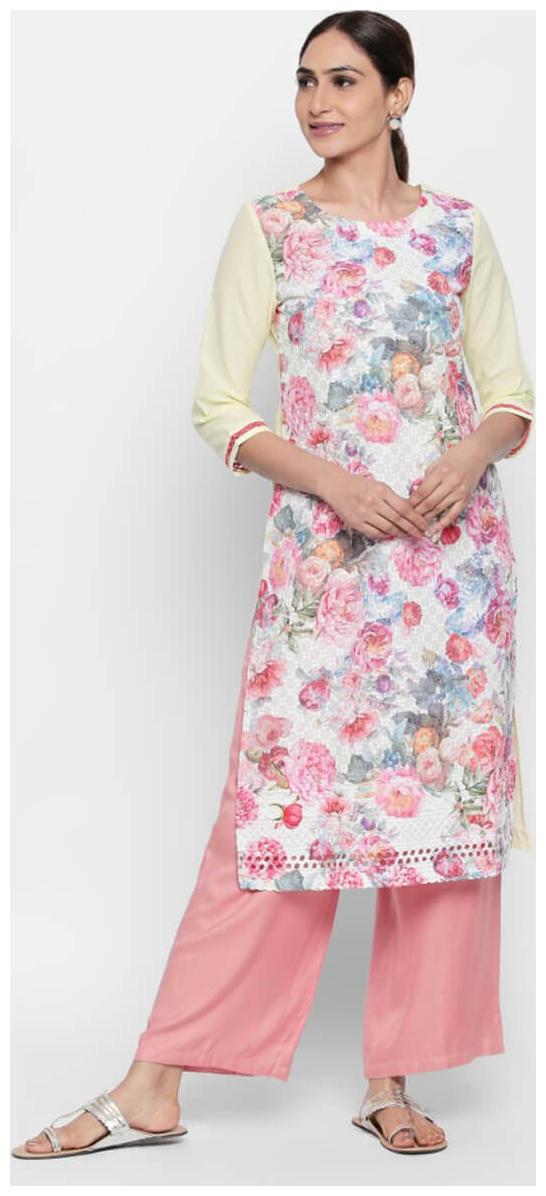 

NAARI Lemon 3 4 Sleeve Cotton Cambric Fabric Embroidered Kurti For Women s