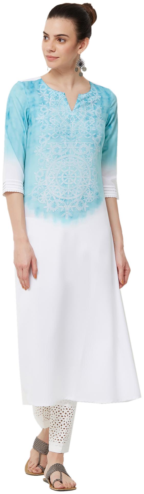 

NAARI Light Blue 3 4th Sleeves Polymodal Fabric Printed Kurti For Women