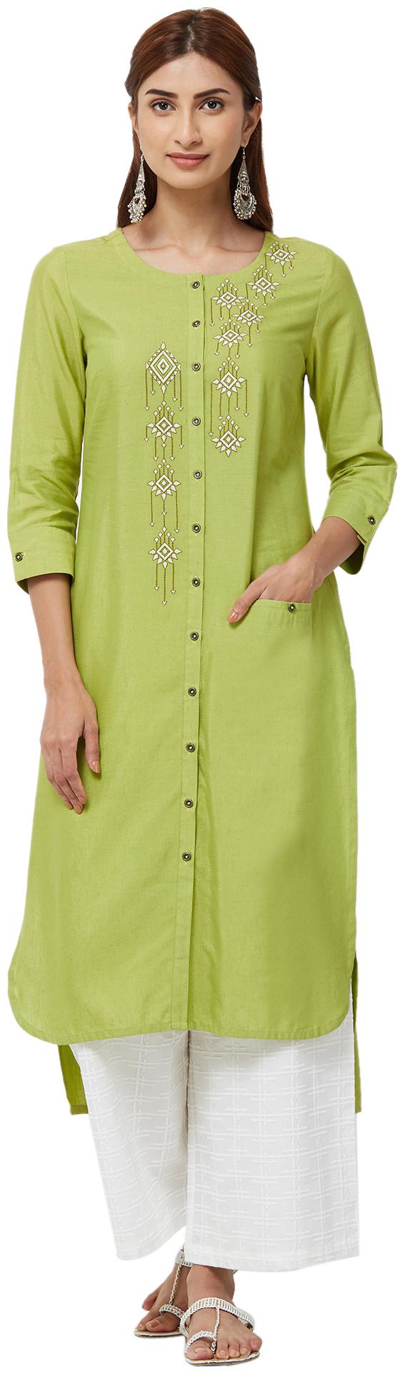 

NAARI Lime Green 3 4th Sleeve Linolio Fabric Embroidery Kurti For Women