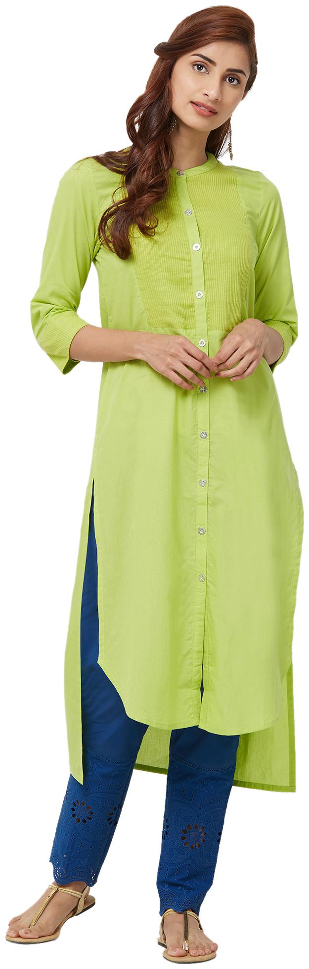 

NAARI Lime Green 3 4th Sleeve 80 S Cotton Fabric Solid Kurti For Women