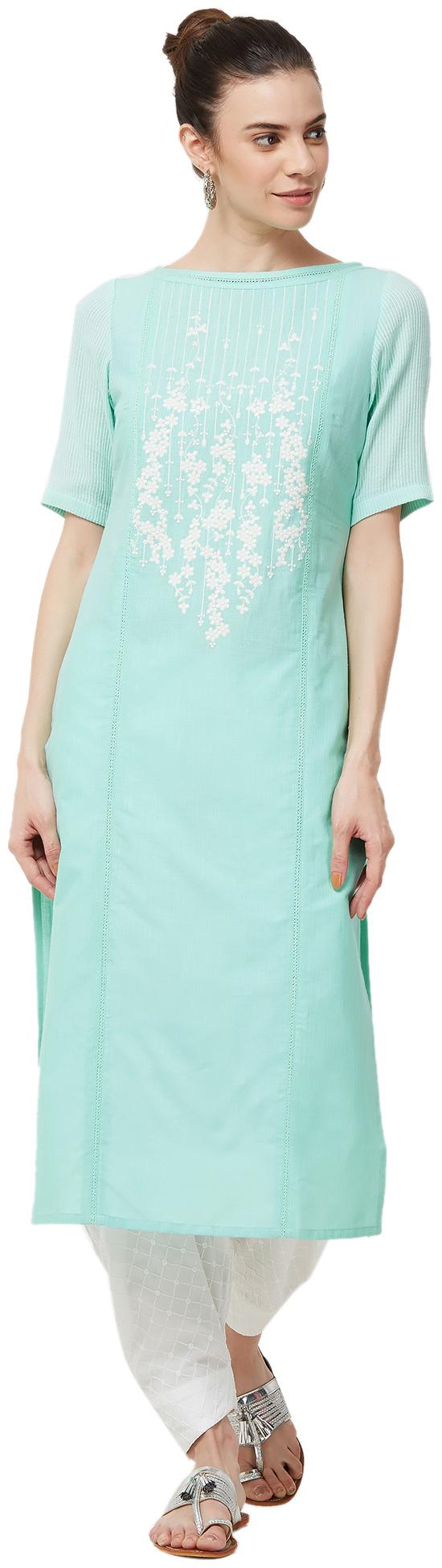 

NAARI Mint Half Sleeves Cotton Slub Fabric Printed Kurti For Women