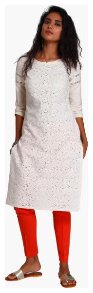 

NAARI Women White Embroidered Straight Kurta