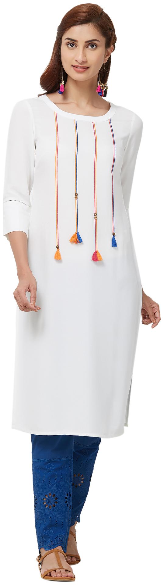 

NAARI Off White 3 4th Sleeve Rayon Fabric Solid Kurti For Women