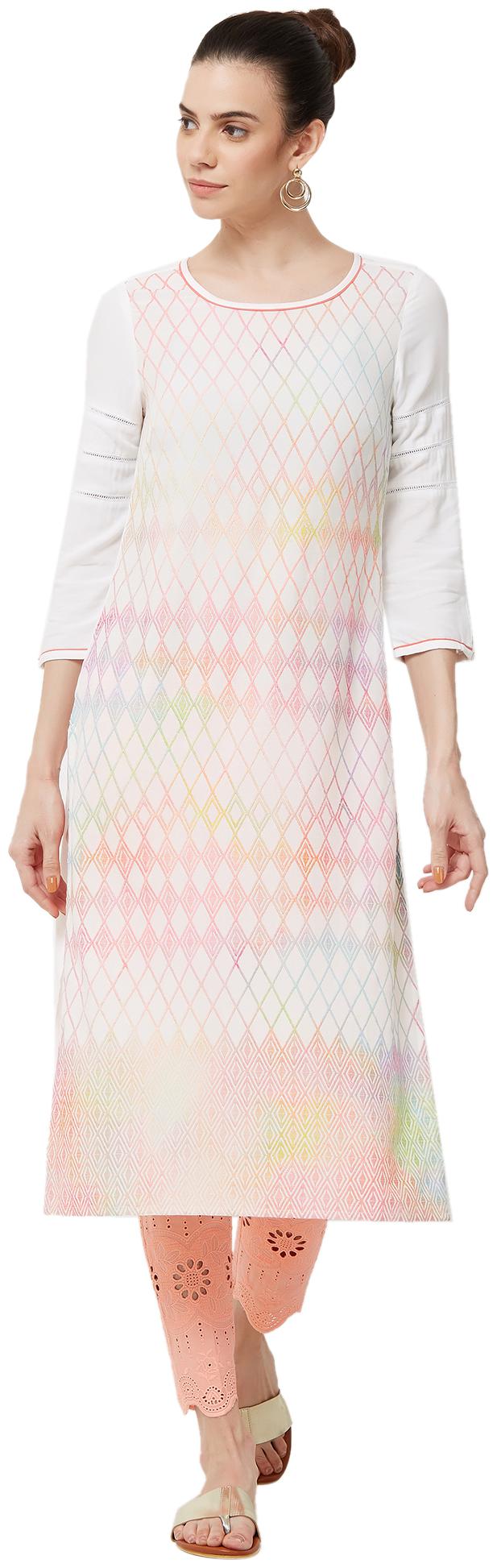 

NAARI Off White 3 4 Sleeve Rayon Fabric Embroidered Kurti For Women