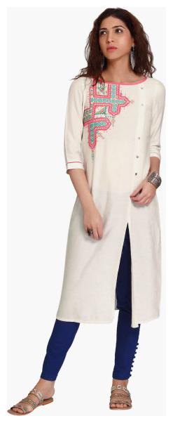 

NAARI Women White Embroidered Straight Kurti