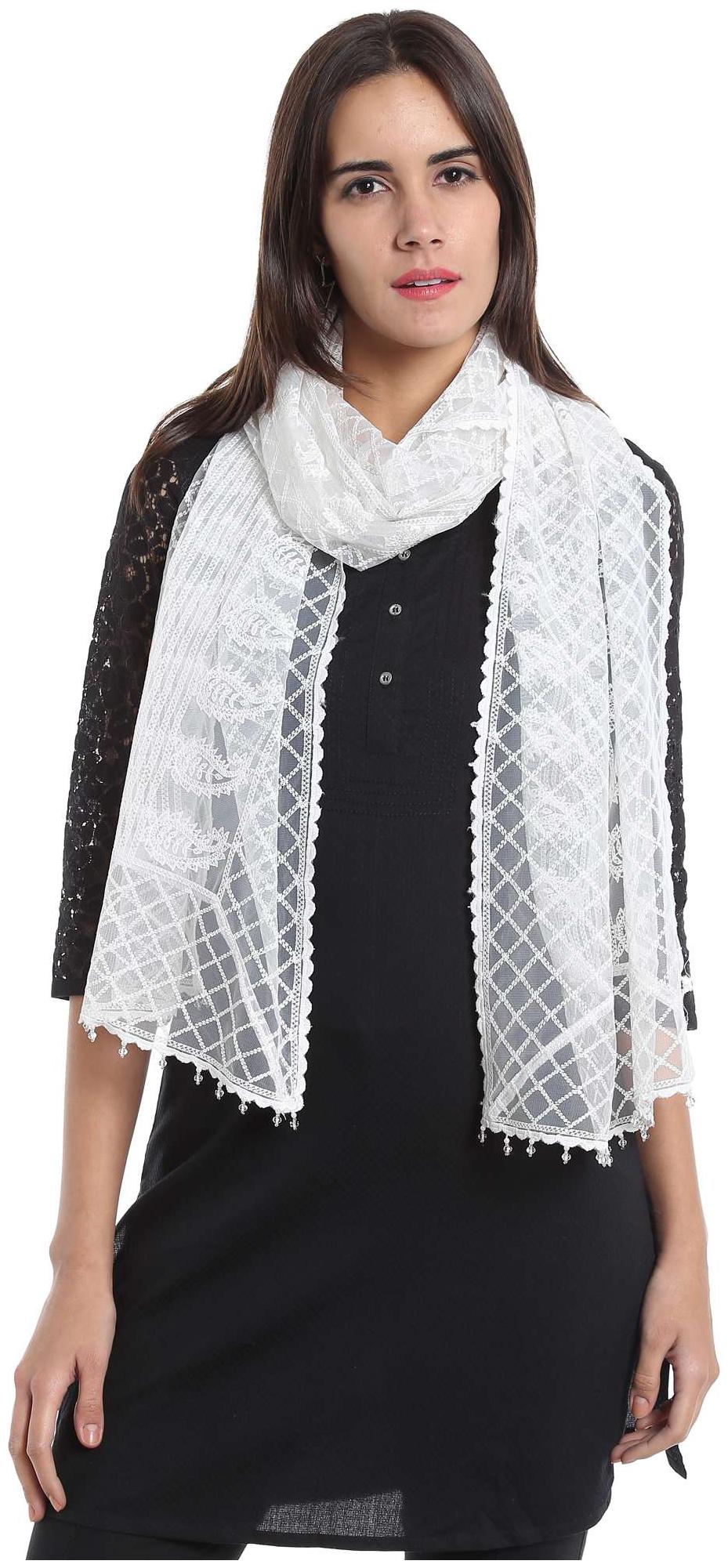 

NAARI Off White Rayon Embroidered Stole For Women s