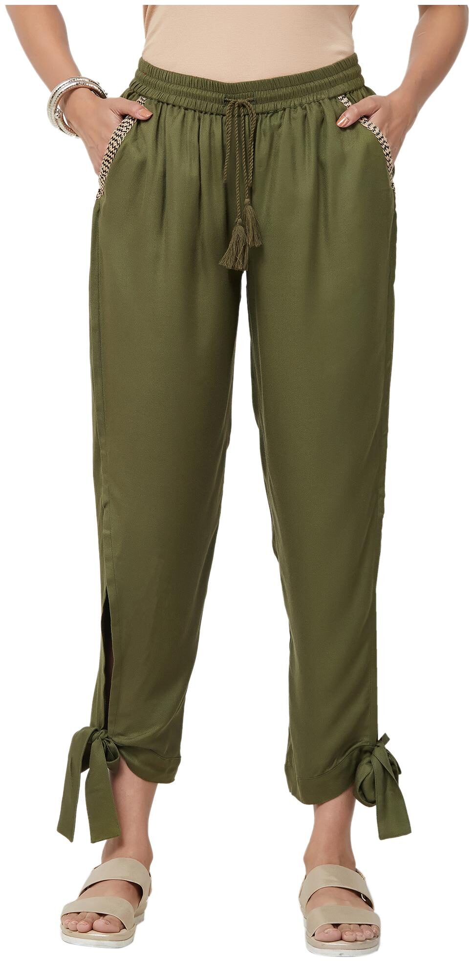 

NAARI Olive Rayon Twill Fabric Solid Relaxed Fit Wrap Pant For Women