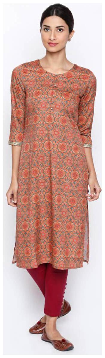 

NAARI Peach 3 4 Sleeve American Crepe Fabric Printed Kurti For Women s