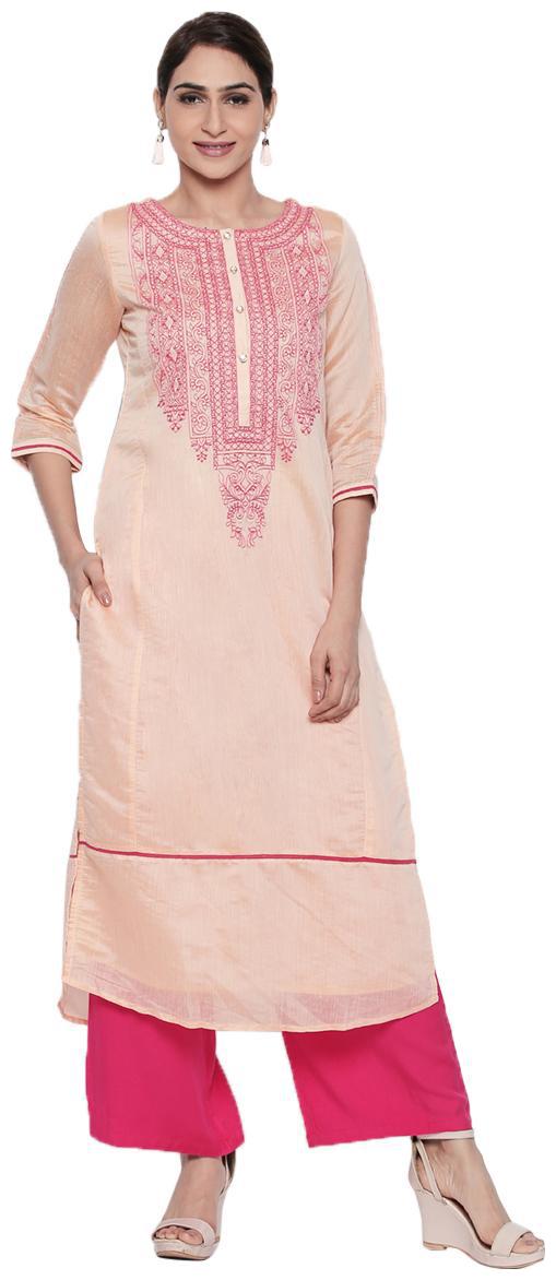 

NAARI Peach 3 4 Sleeve Chanderi Fabric Embroidered Kurti For Women s