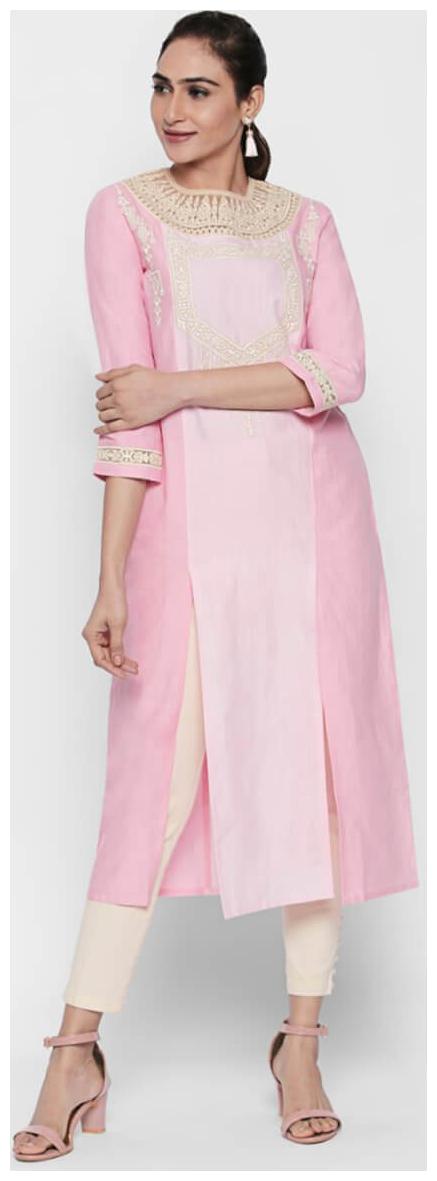 

NAARI Pink 3 4 Sleeve Cotton Slub Fabric Embroidered Kurti For Women s