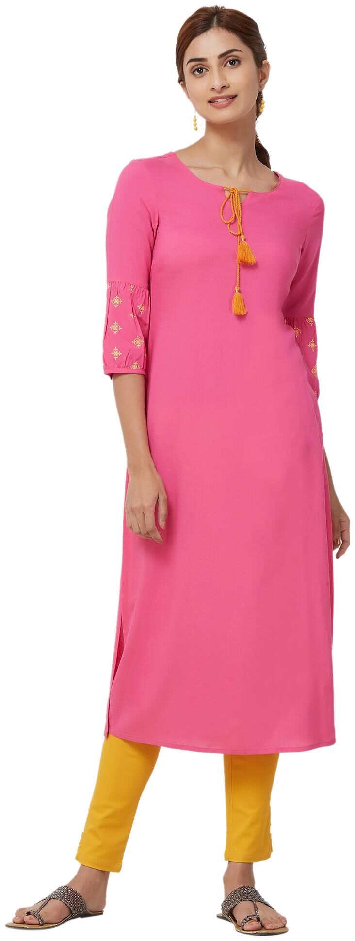 

NAARI Pink 3 4th Sleeve Rayon Fabric Solid Kurti For Women