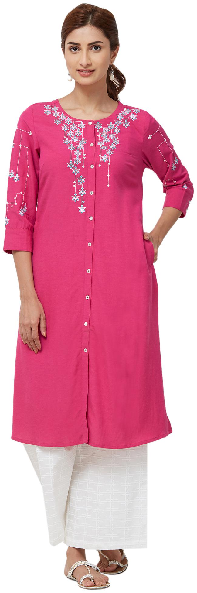 

NAARI Pink 3 4th Sleeve Linolio Fabric Embroidery Kurti For Women