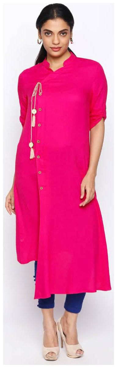 

NAARI Pink 3 4 Sleeve Rayon Moss Fabric Solid Kurti For Women s