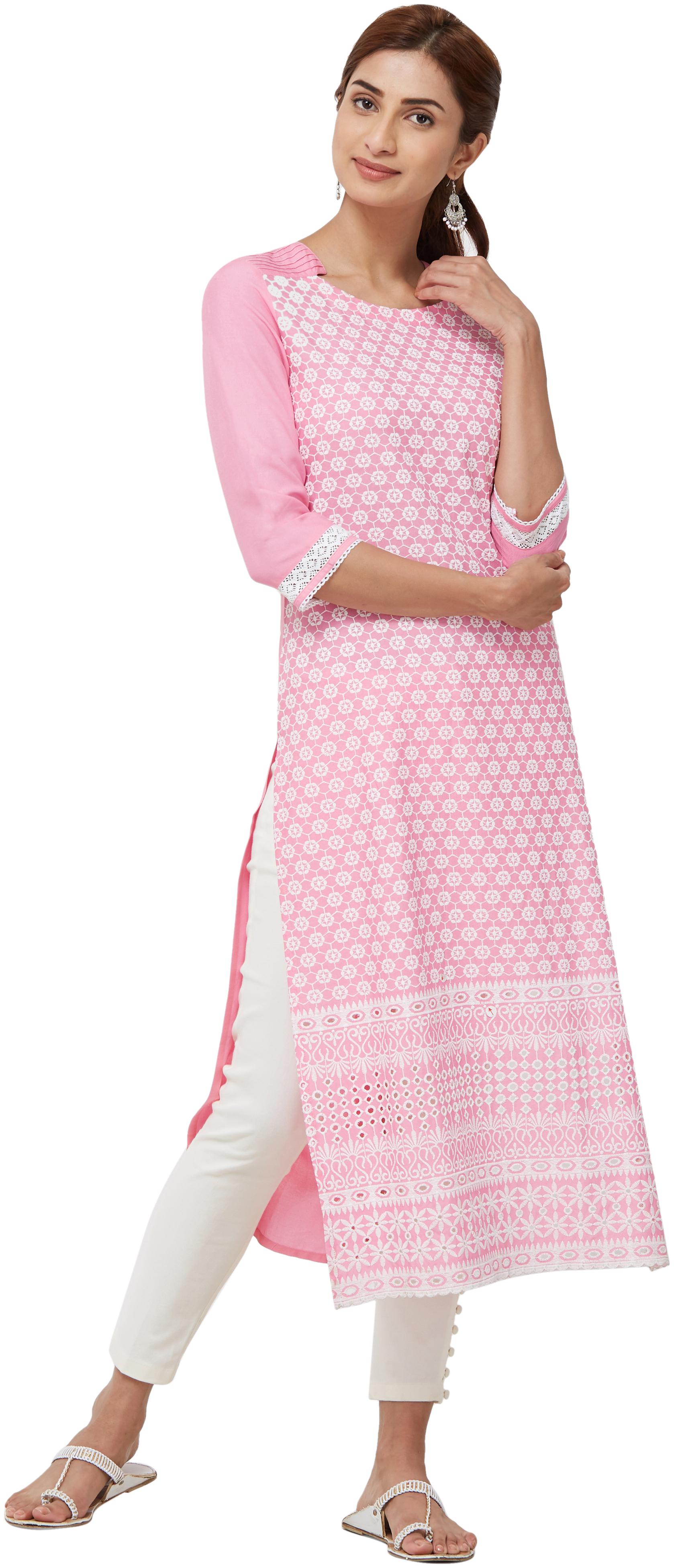 

NAARI Pink 3 4th Sleeve Rayon Fabric Solid Kurti For Women