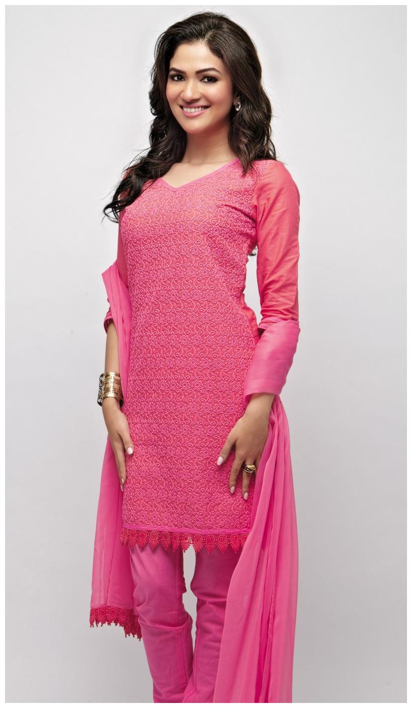 

NAARI Pink Georgette Embroidered Cap Sleeve Kurta and Churidar Unstitched Set For Women s