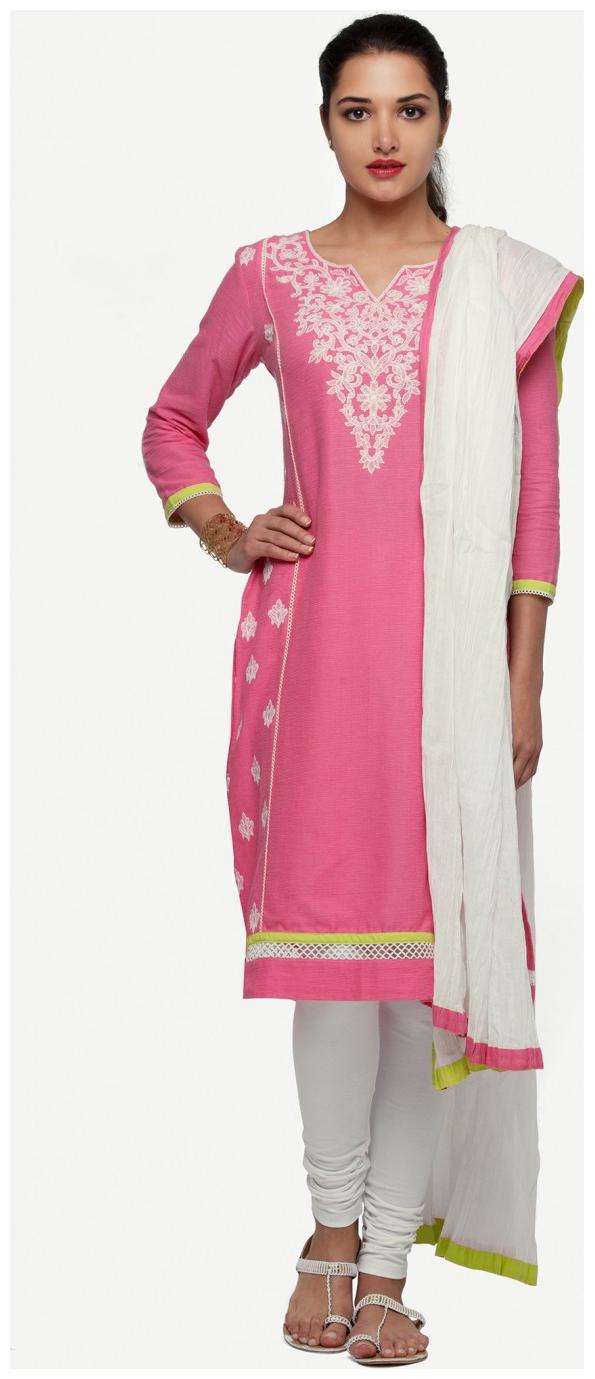 

NAARI Pink Georgette Embroidered Cap Sleeve Kurta and Churidar Unstitched Set For Women s