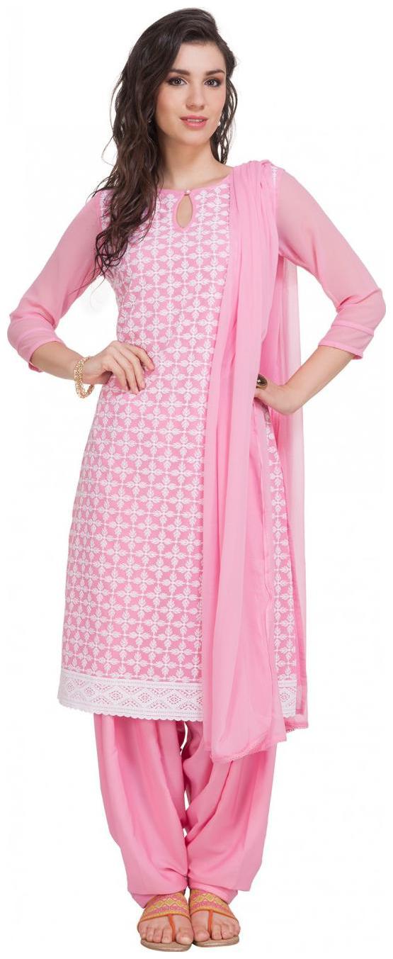 

NAARI Pink Georgette Embroidered Cap Sleeve Kurta and Churidar Unstitched Set For Women s