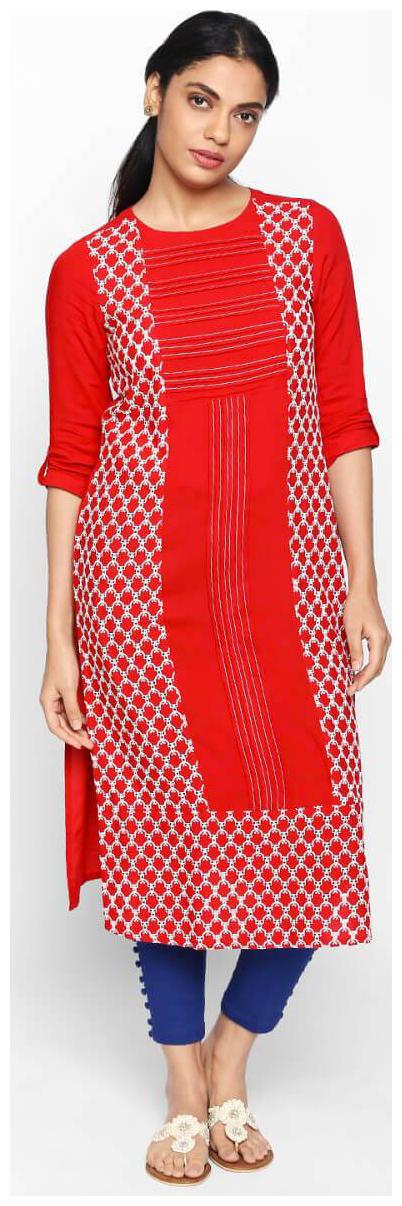 

NAARI Red 3 4 Sleeve Rayon Fabric Embroidered Kurti For Women s