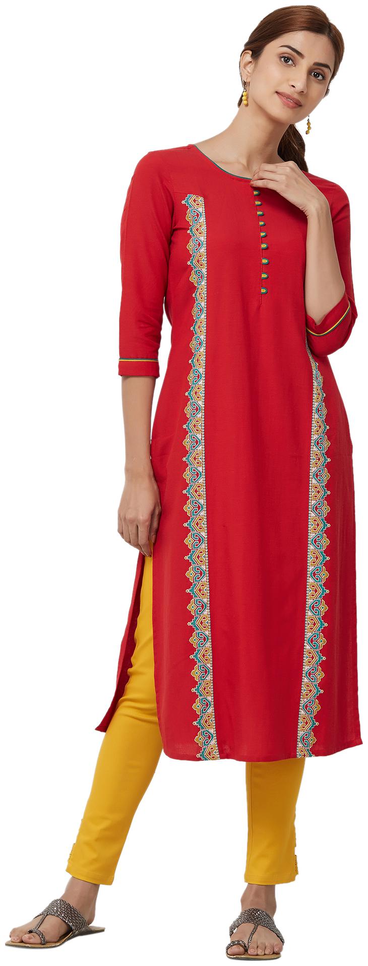 

NAARI Red 3 4th Sleeve Linolio Fabric Embroidery Kurti For Women