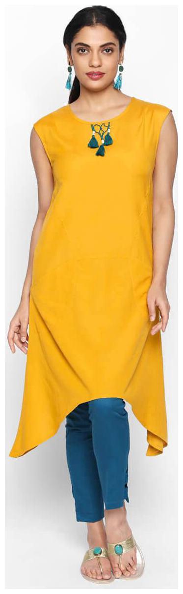 

NAARI Sleeveless Mustard Linolio Embroidered Kurti For Women s